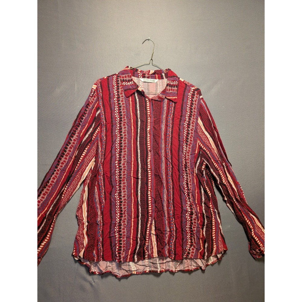 Big Dart Shirt Womens UK 26 Red Vertical Striped High Low Hem Pleated Button Up
